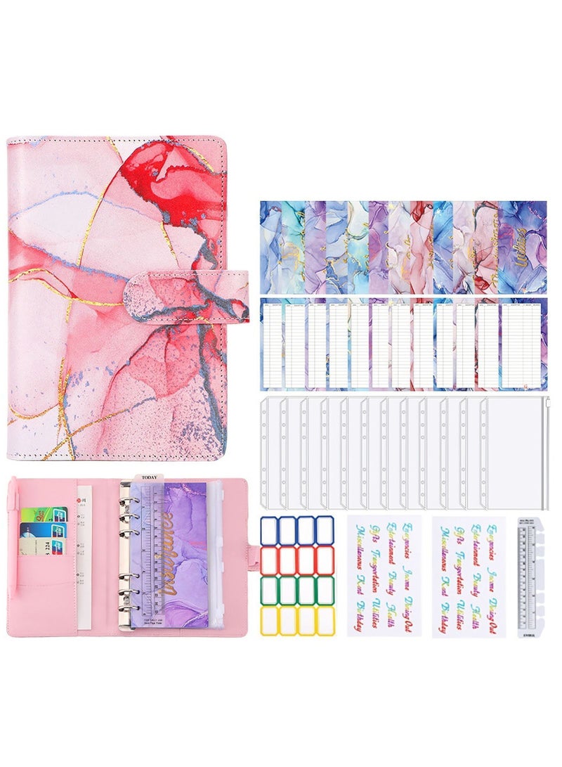 Y&D Budget Binder with Zipper Envelopes, Cash Envelopes for Budgeting, A6 PU Leather Planner 12 Pcs Clear Sheets Saving Money(Pink) - Image 1