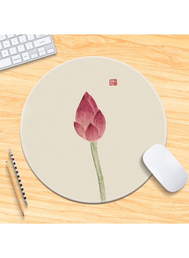 National Tide Lotus Small Size Mouse Pad Chinese Style Brush Painting Office Desk Mat Lock Edge Thickened Round Simple Flower And Bird For Men 