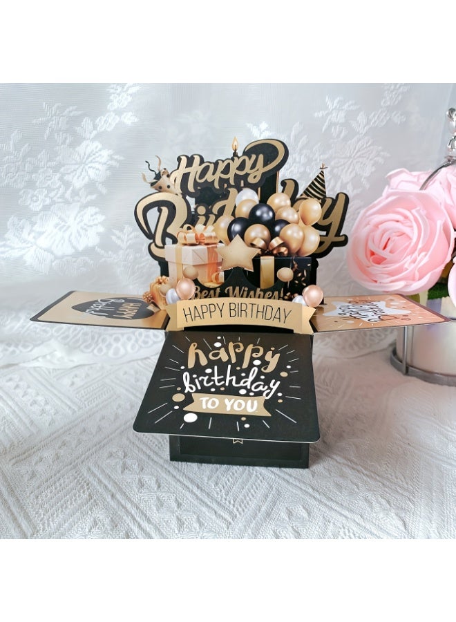 Festive 3D Pop-up Birthday Card Set: Black and Golden Design, Perfect for Him or Her - Includes 2 Cards and 1 Envelope - Image 1