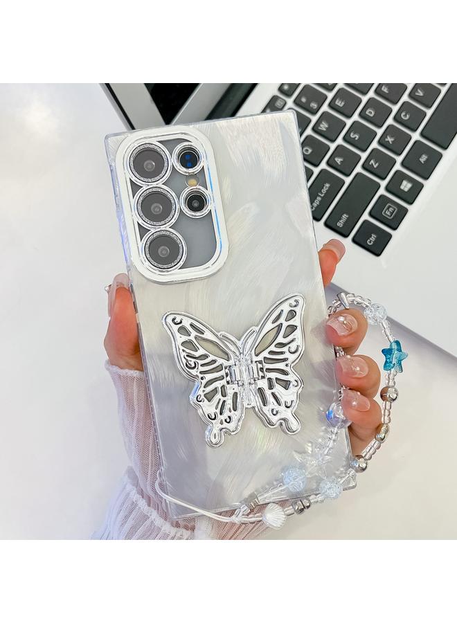 اس-توب جراب لهاتف Samsung Galaxy S23 Ultra 5G، جراب هاتف معصم بطبقة لامعة وعدسة من غشاء نسيجي وحامل على شكل فراشة - Image 1