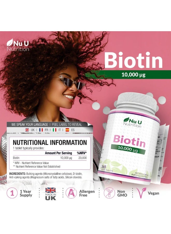 Nu U Nutrition Premium Biotin 10,000 mcg - Advanced Formula for Healthy Hair, Skin, and Nails - Supports Energy Metabolism and Nervous System Function ,365 tablets - Image 2