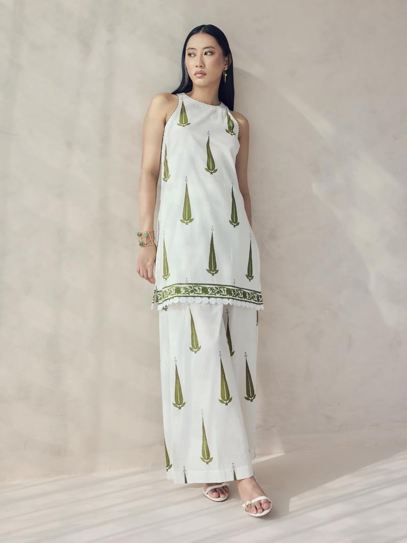 FIORRA Women's Off-White Printed Cotton Sleeveless Kurta Set SET0203 - Image 4