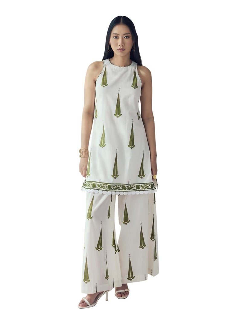 FIORRA Women's Off-White Printed Cotton Sleeveless Kurta Set SET0203 - Image 1