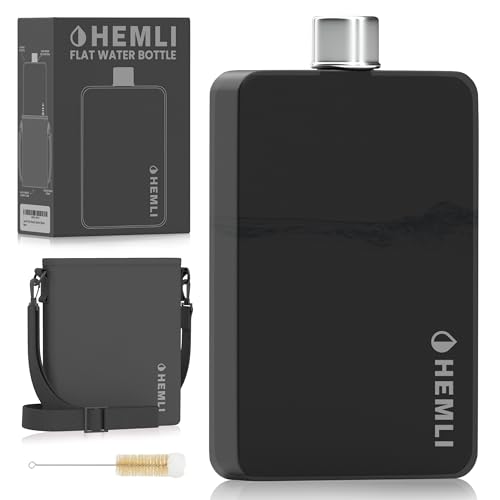 Hemli Flat Water Bottle with Carrying Case – Thin Square Travel Water Bottle Fits in Purses & Bags – Shatterproof BPA-Free Tritan Plastic – Leakproof Silicone Seal (Black) - Image 1