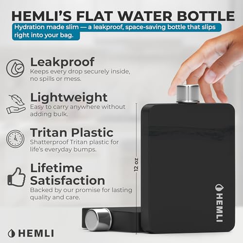 Hemli Flat Water Bottle with Carrying Case – Thin Square Travel Water Bottle Fits in Purses & Bags – Shatterproof BPA-Free Tritan Plastic – Leakproof Silicone Seal (Black) - Image 2