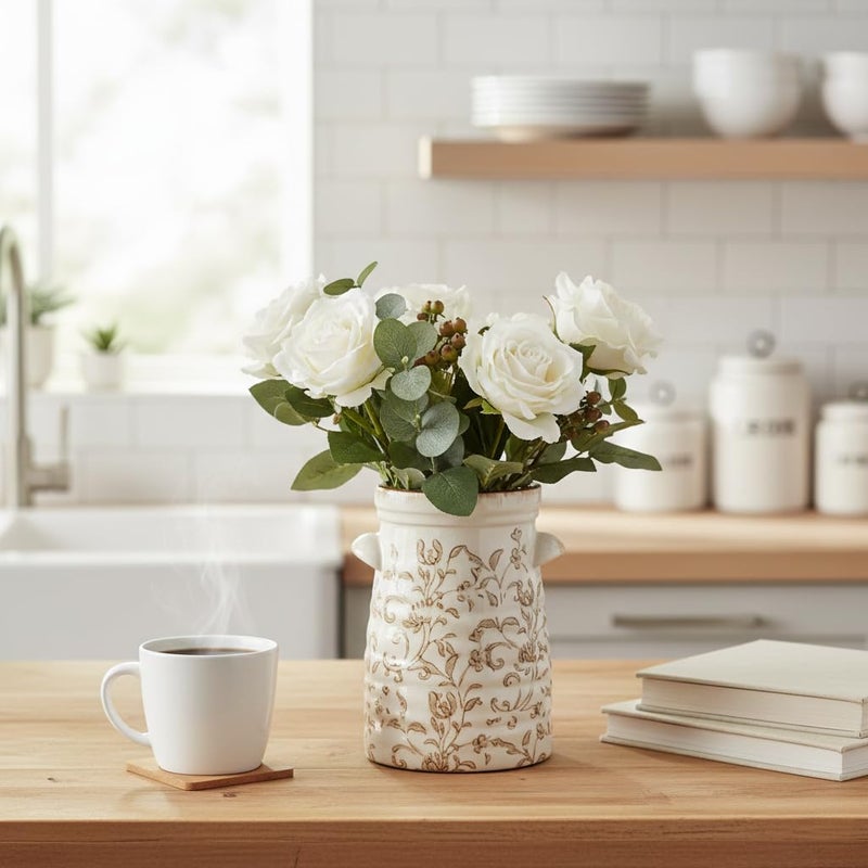 SIDUCAL Ceramic Rustic Vase with 2-Ear, 7.6 Inch Ice Cracked Vintage Pastoral Vase, Rustic Farmhouse Vases for Home Decor, Table, Living Room, Shelf Decor, Chinoiserie Decor, Brown Floral Pattern - Image 5