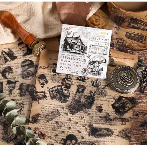 R H LIFESTYLE 100 Pcs Vintage Retro Decorative Nature Stickers Japanese Style Journaling Supplies Cute Self Adhesive Kawaii Stickers Set for Scrapbook (Black & White) - Image 1