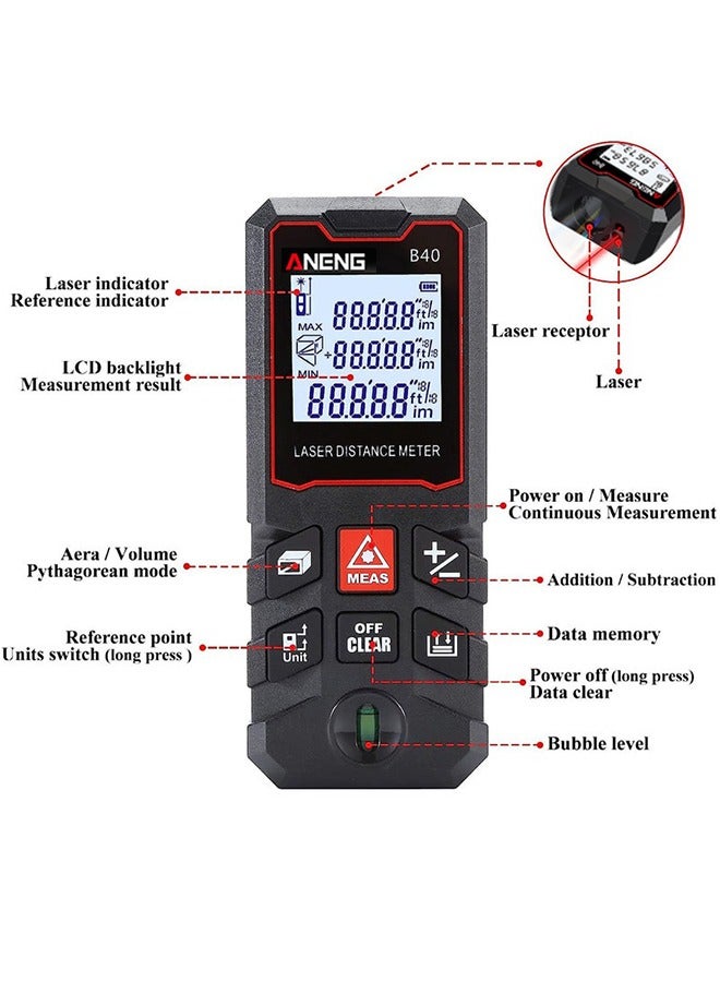 ANENG Laser Measure 40M, Ft/in/M Unit Switch Digital Laser Tape Measure with Bubble Level Laser Measurement Tool, LCD Backlit Laser Distance Measure Pythagorean Mode Area and Volume Measuring - Image 2