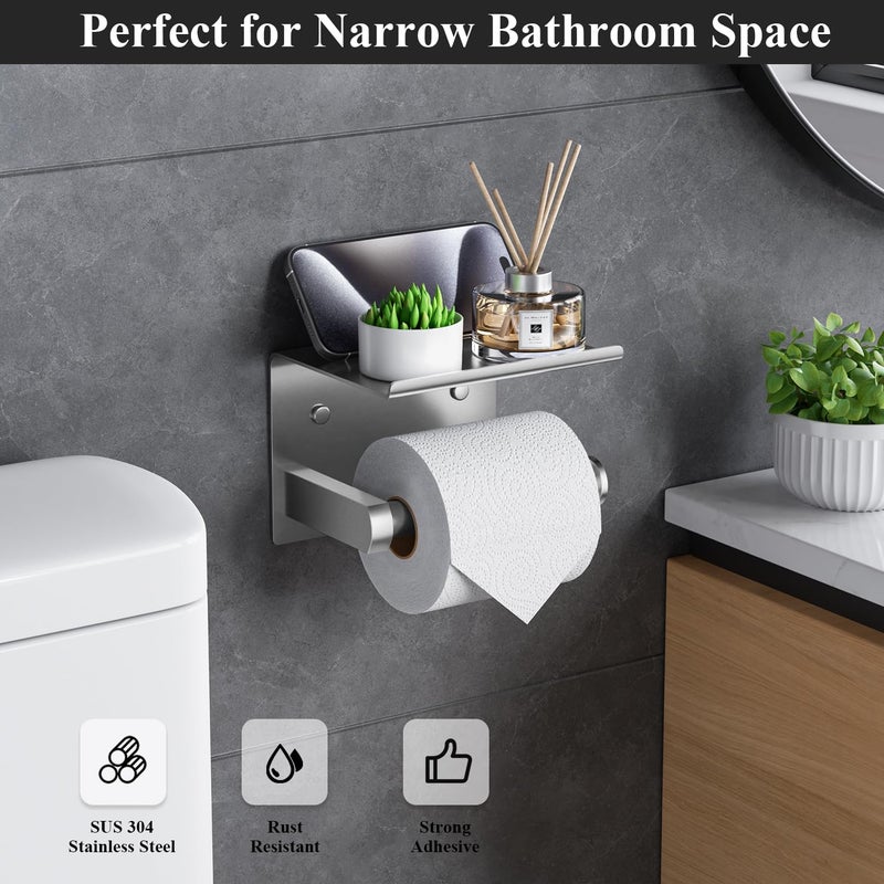 Tindbea Toilet Paper Holder with Phone Shelf  Adhesive or Screw Wall Mount Toilet Tissue Roll Holder  Rustproof & Multifunctional Stainless Steel Bathroom Storage Dispenser (Brushed Nickel)