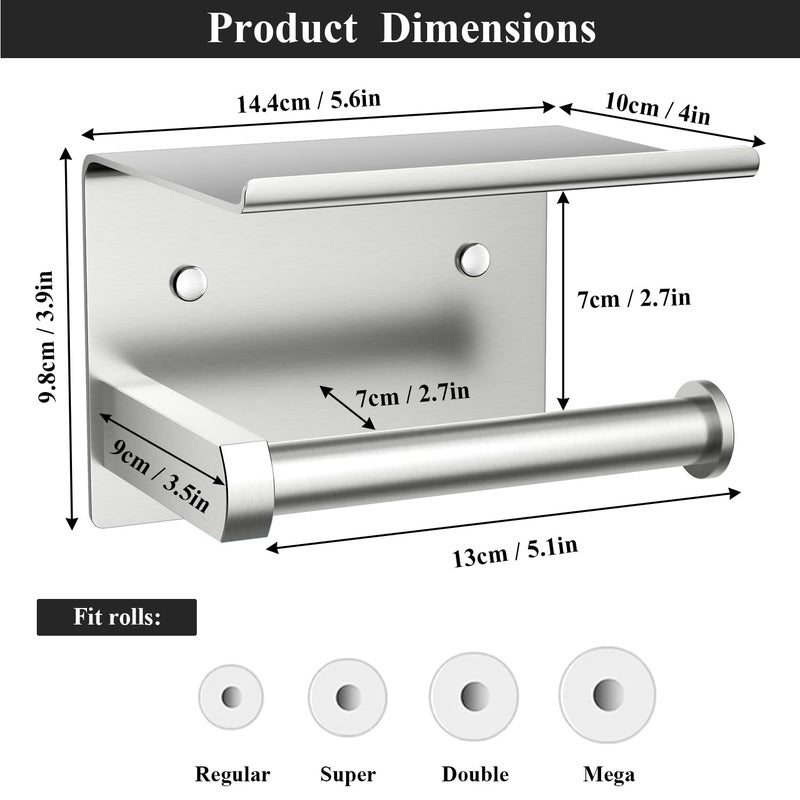 Tindbea Toilet Paper Holder with Phone Shelf  Adhesive or Screw Wall Mount Toilet Tissue Roll Holder  Rustproof & Multifunctional Stainless Steel Bathroom Storage Dispenser (Brushed Nickel)