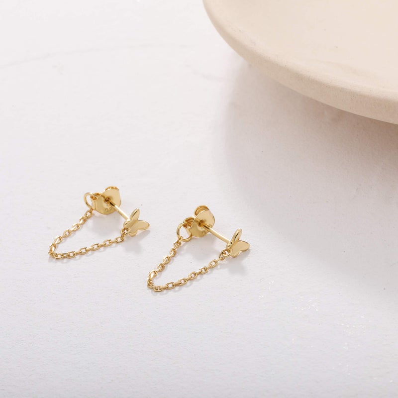 S.Leaf Butterfly Stud Earrings with Chain Sterling Silver Chain Earrings for Women Gold Plated Butterfly Dangle Earrings for Women Trendy - Image 2