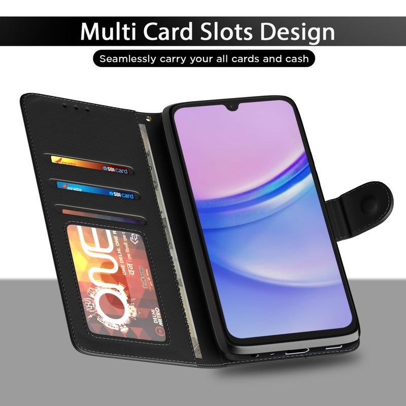Pikkme غطاء قابل للطي بتشطيب جلدي | داخل TPU مع جيوب للبطاقات | حامل محفظة ومضاد للصدمات | غطاء قابل للطي لحماية كاملة لهاتف سامسونج جالاكسي A16 5G (أسود) - Image 5