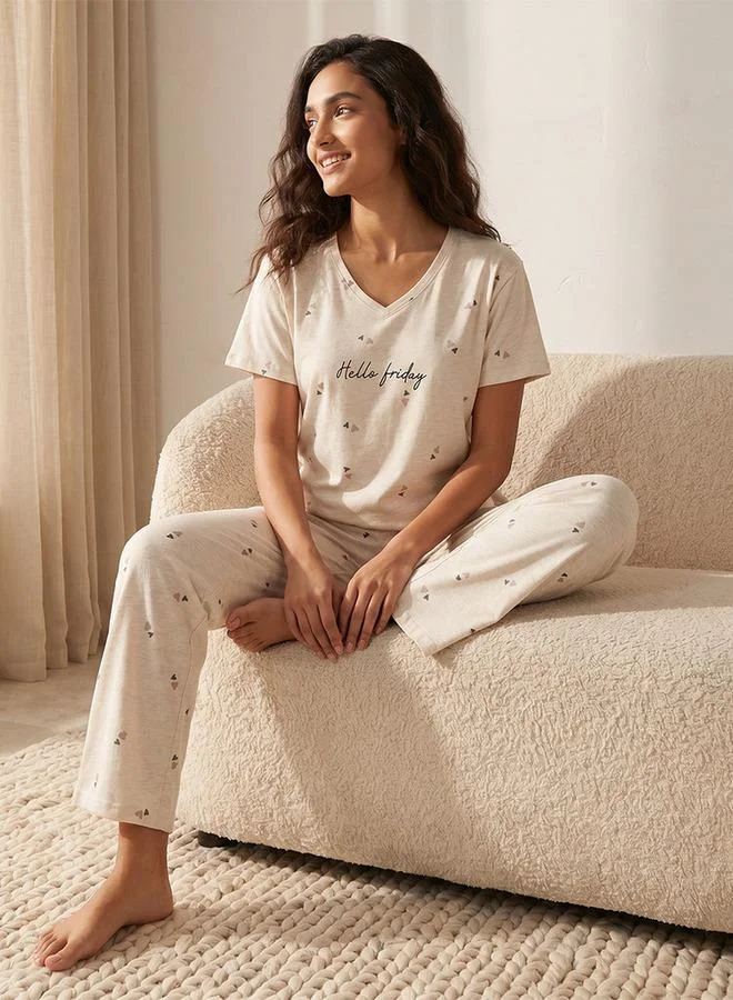 Splash FAV  Pyjama Set Heart Print T-shirt & Trousers Cotton for Women | Best Price UAE