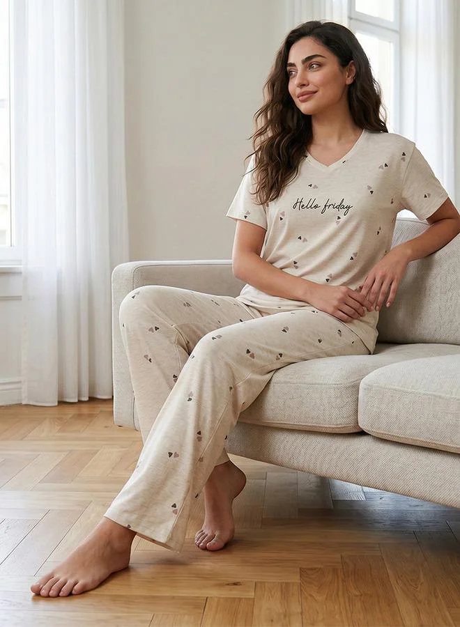 Splash FAV  Pyjama Set Heart Print T-shirt & Trousers Cotton for Women | Best Price UAE