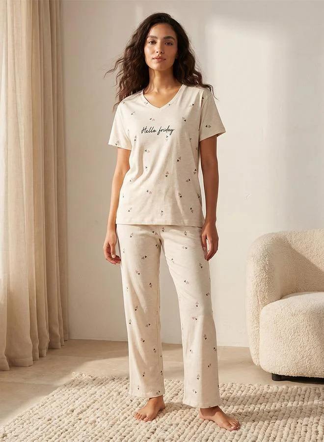Pyjama Set Heart Print T-shirt & Trousers Cotton