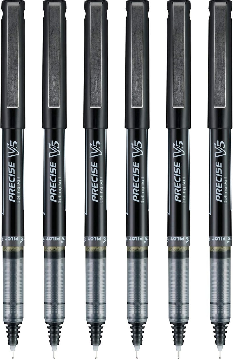 PILOT , Precise V5, Capped Liquid Ink Rolling Ball Pens, Extra Fine Point 0.5 mm, Black, Pack of 6 - Image 1
