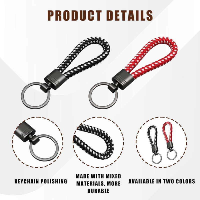 Bansusu 2 Pcs Braided Leather Key Rings - Black and Red - Image 3