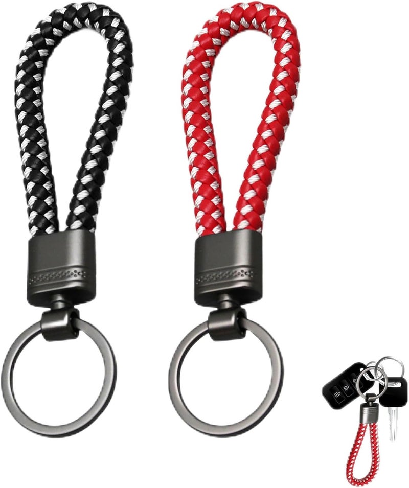 Bansusu 2 Pcs Braided Leather Key Rings - Black and Red - Image 1