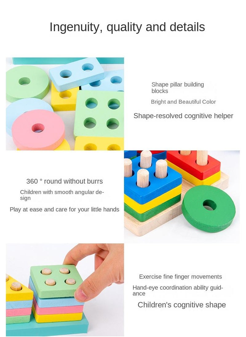 Y&D - Children's Geometric Shape Five Sets Of Column Building Blocks Shape Matching Color Cognitive Wooden Educational Toys-Color Four-set Column - Image 1