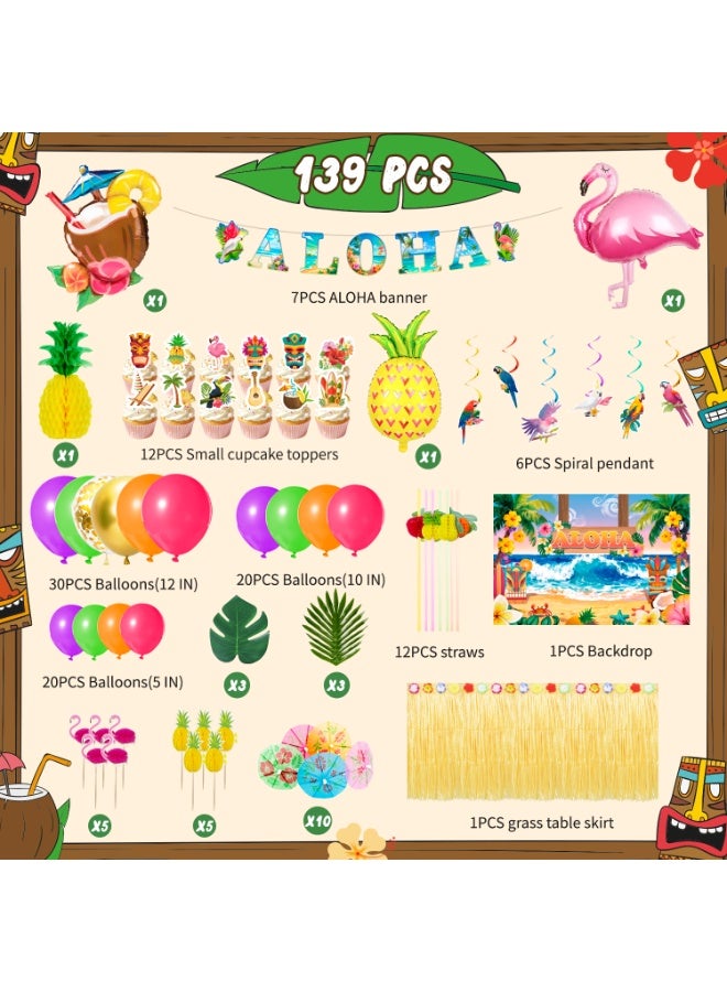 FRUITFUL PARTY Hawaiian Luau Party Decorations, 139pcs Hawaiian Aloha Luau Party Decorations Set Including Tropical Aloha Luau Cupcake Toppers Banner Backdrop Balloon etc Aloha Birthday Decorations - Image 3