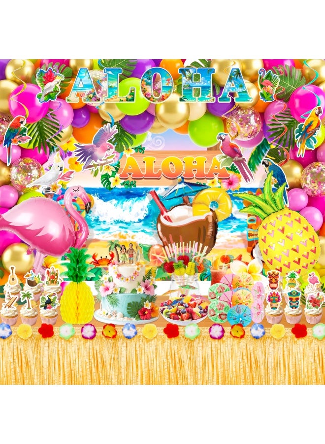 FRUITFUL PARTY Hawaiian Luau Party Decorations, 139pcs Hawaiian Aloha Luau Party Decorations Set Including Tropical Aloha Luau Cupcake Toppers Banner Backdrop Balloon etc Aloha Birthday Decorations - Image 1