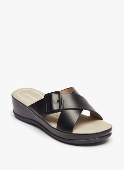 shoexpress Solid Slip On Cross Strap Sandals with Buckle Accent Black