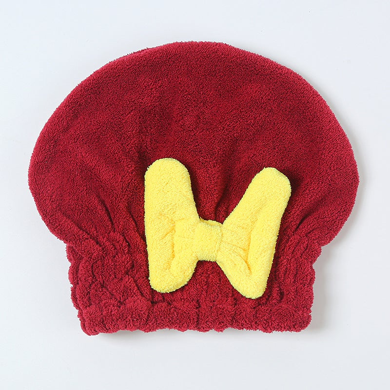 Generic Thickened Coral Fleece Large Bow Hair Drying Cap Super Absorbent Quick-drying Womens Princess Hat Hair Towel wine red 