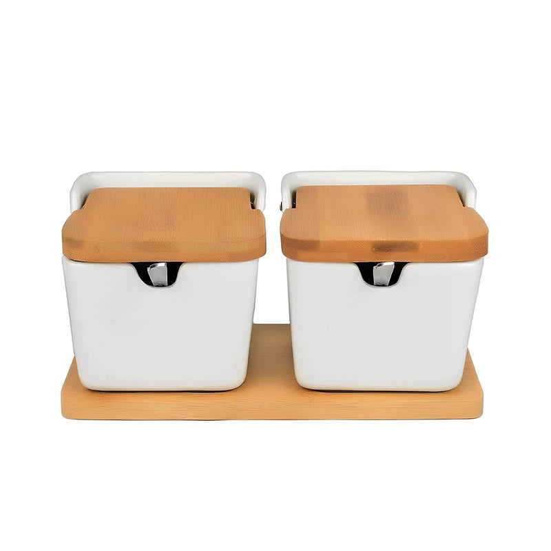 Tendula Seasoning Box Condiment Pots Ceramic Sugar Bowl with Lids and Spoons Green Ceramic with Bamboo Lid Container Spice Jar Salt Cellar for Kitchen - Image 2
