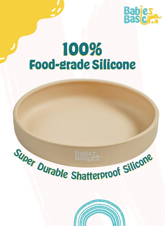 Babies Basic Babies Basic Silicone Feeding Set with Silicone Suction Plate, Spoon and Fork  - Beige