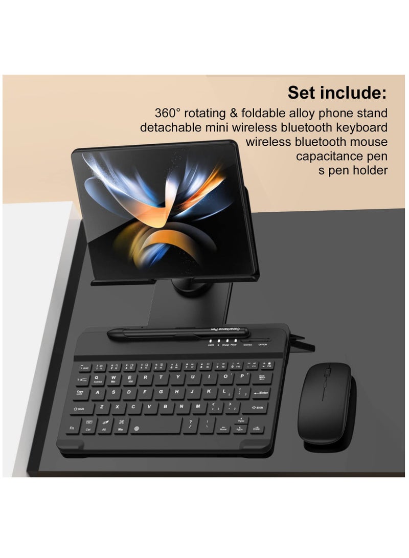 Compatible with Samsung Galaxy Z Fold 4/3/2, this set includes a Mini Wireless Bluetooth Keyboard, Mouse, Adjustable Phone Stand, Capacitive Pen, and S Pen Holder for easy portability - Black. - Image 5