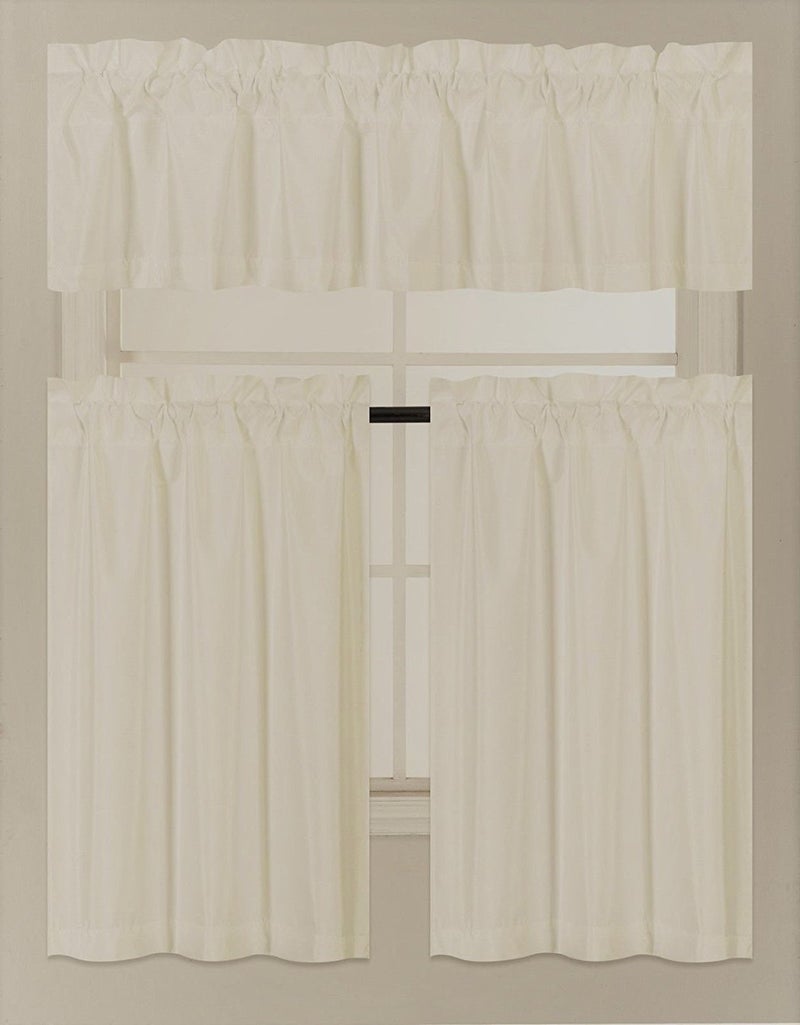 Fancy Linen LLC Collection 3 Pieces Faux Silk Blackout Kitchen Curtain Set Tier Curtains and Valance Set Solid Ivory/Off White Window Set Thermal Backing Drapes Assorted Colors New