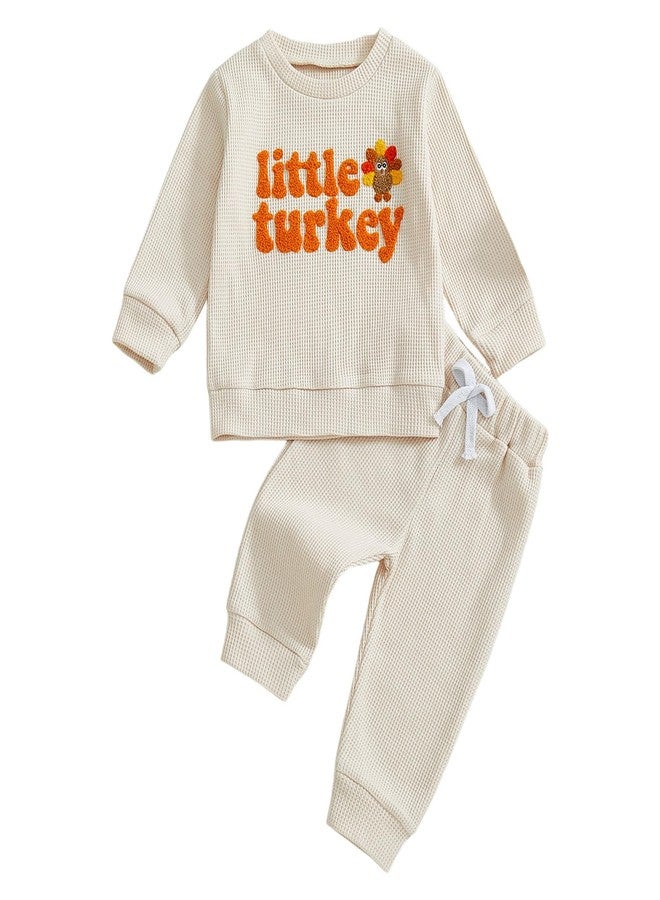Karuedoo Toddler Baby Boy Thanksgiving Outfit Little Turkey Embroidery Waffle Knit Sweatshirt and Pants Set 2Pc Fall Clothes (A-Apricot, 12-18 Months) - Image 1