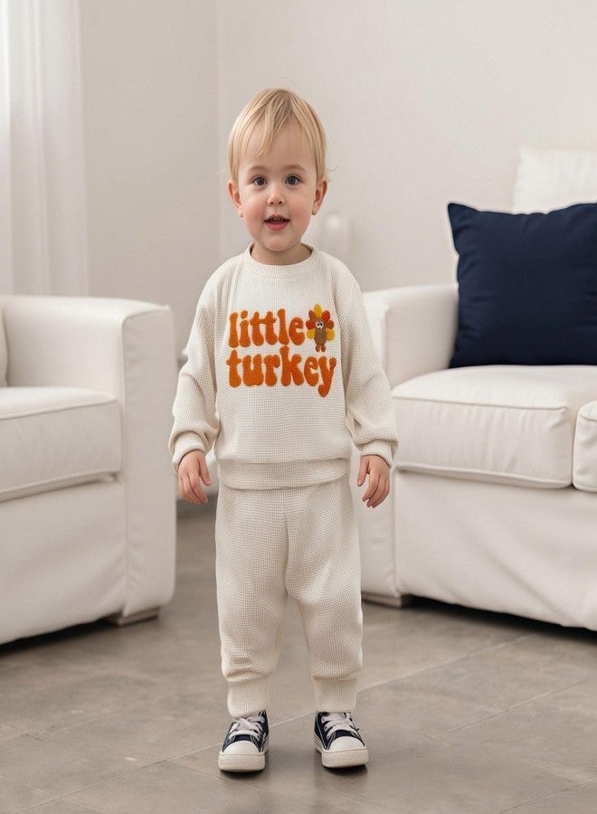 Karuedoo Toddler Baby Boy Thanksgiving Outfit Little Turkey Embroidery Waffle Knit Sweatshirt and Pants Set 2Pc Fall Clothes (A-Apricot, 12-18 Months) - Image 3