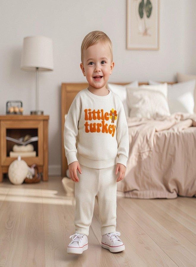 Karuedoo Toddler Baby Boy Thanksgiving Outfit Little Turkey Embroidery Waffle Knit Sweatshirt and Pants Set 2Pc Fall Clothes (A-Apricot, 12-18 Months) - Image 2