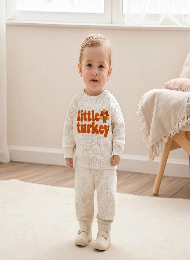 Karuedoo Toddler Baby Boy Thanksgiving Outfit Little Turkey Embroidery Waffle Knit Sweatshirt and Pants Set 2Pc Fall Clothes (A-Apricot, 12-18 Months) - Image 4