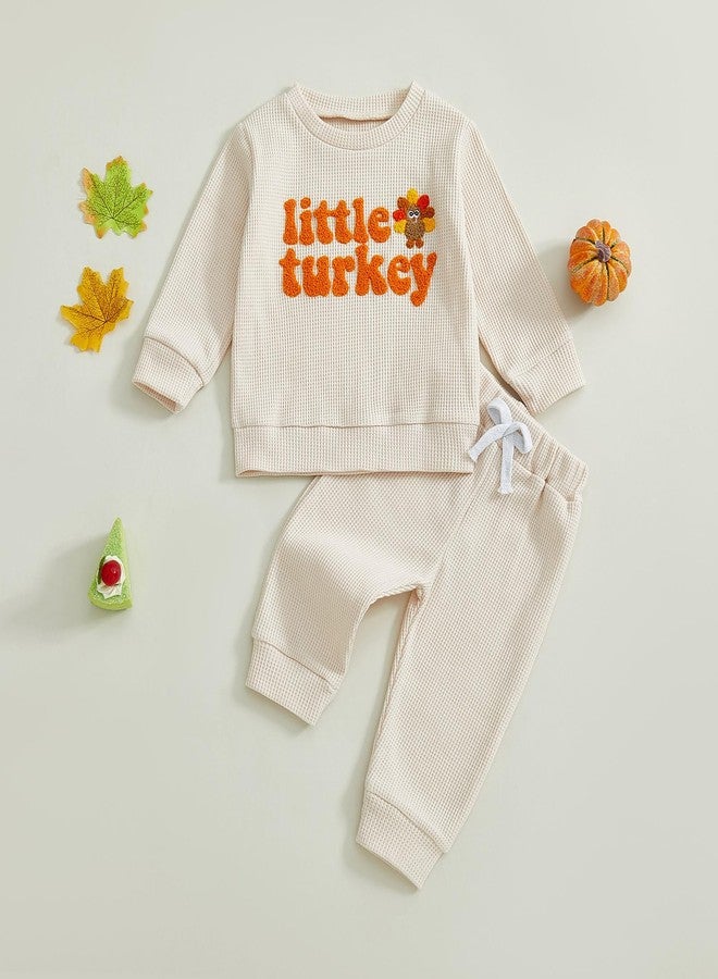 Karuedoo Toddler Baby Boy Thanksgiving Outfit Little Turkey Embroidery Waffle Knit Sweatshirt and Pants Set 2Pc Fall Clothes (A-Apricot, 12-18 Months) - Image 5