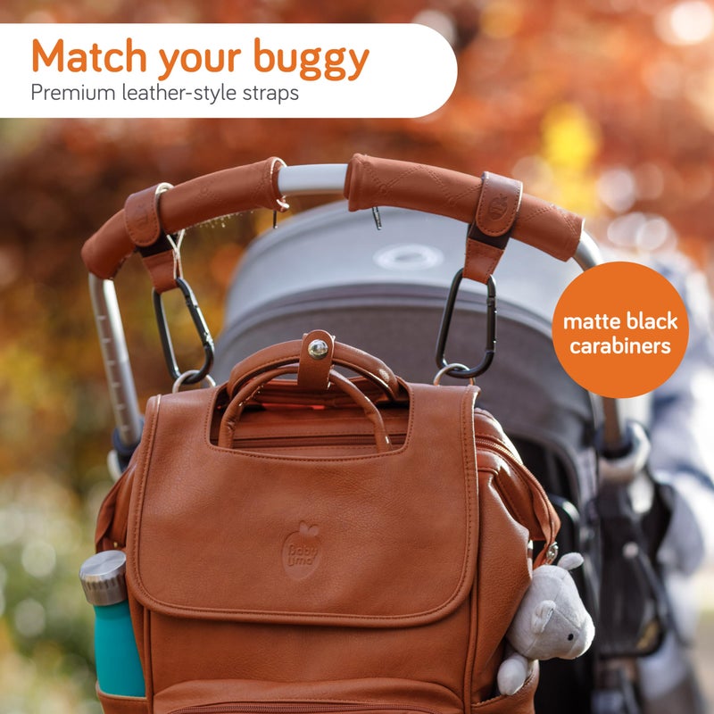 b.box Baby Uma Leather-Style Buggy Clips (2 Pack) - Universal Pram Clips, Non-Slip Buggy Accessories, Carry 5 kg per Carabiner, Baby Travel Essentials (Camel) - Image 2