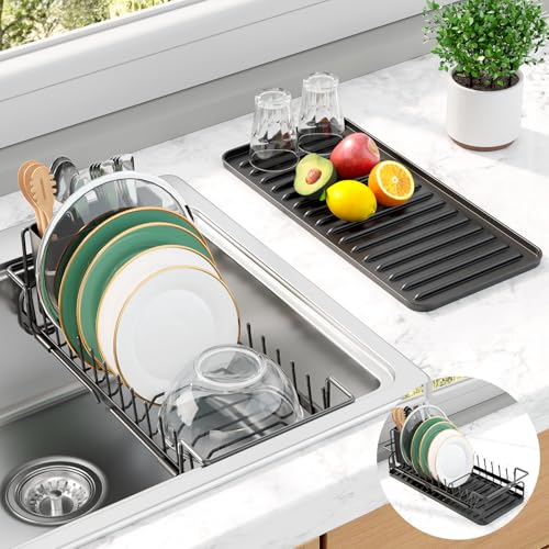 Kitsure Dish Drying Rack Expandable Dish Rack for Kitchen Counter Over Sink Or in Sink SpaceSaving Plates Dryer with Cutlery Holder Drip Tray 140209 L x 63 W x 80 H Black - Image 1