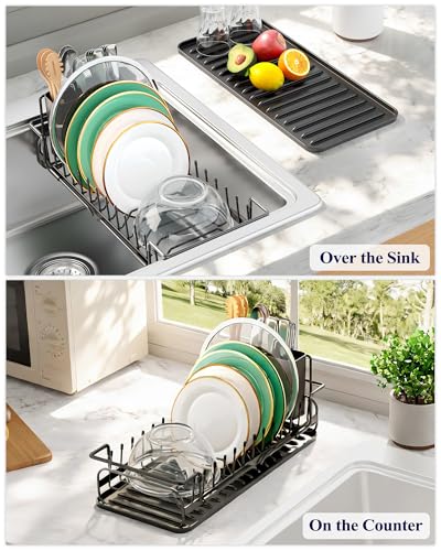 Kitsure Dish Drying Rack Expandable Dish Rack for Kitchen Counter Over Sink Or in Sink SpaceSaving Plates Dryer with Cutlery Holder Drip Tray 140209 L x 63 W x 80 H Black - Image 3