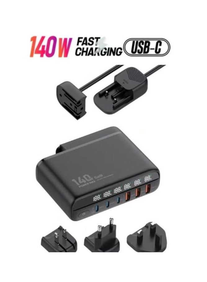 REBENUO 140W GaN 6‑Port Desktop Charger with LED Power Display – 3× USB‑C PD 100W + 3× USB‑A 30W Quick Charge, Global Replaceable Plugs & 1.5 m Cord, All-in-One Power Hub for Laptops, Phones, Tablets & Accessories - Image 1