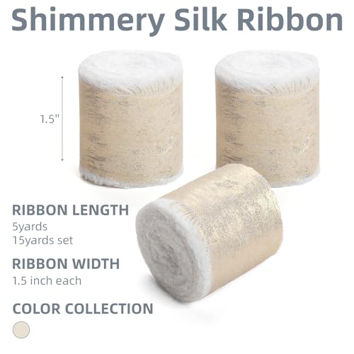 KEOSREE Champagne Gold Silk Chiffon Ribbon,Ivory White Frayed Shimmery Silk Ribbon for Bridal Flower Bouquet Gift Wrapping Wedding Decor Invitations Decorations 1.5" x 15 Yards (5Yards X 3 Rolls) - Image 2