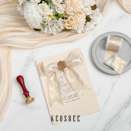 KEOSREE Champagne Gold Silk Chiffon Ribbon,Ivory White Frayed Shimmery Silk Ribbon for Bridal Flower Bouquet Gift Wrapping Wedding Decor Invitations Decorations 1.5" x 15 Yards (5Yards X 3 Rolls) - Image 3