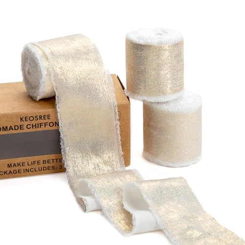 KEOSREE Champagne Gold Silk Chiffon Ribbon,Ivory White Frayed Shimmery Silk Ribbon for Bridal Flower Bouquet Gift Wrapping Wedding Decor Invitations Decorations 1.5" x 15 Yards (5Yards X 3 Rolls) - Image 1