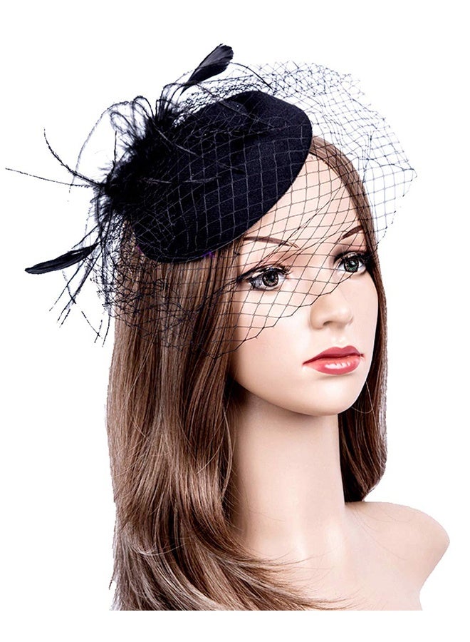 20s 50s Hat, Mesh Ribbons Feathers On A Headband And A Clip Tea Party Headwear, Tea Party Headwear With Veil For Girls And Women (Black) - Image 2