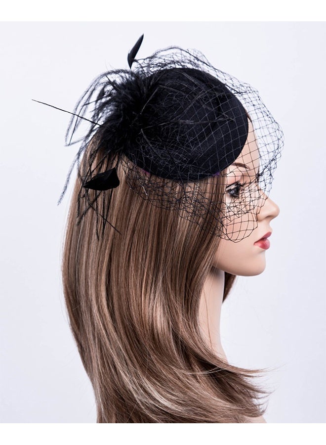 20s 50s Hat, Mesh Ribbons Feathers On A Headband And A Clip Tea Party Headwear, Tea Party Headwear With Veil For Girls And Women (Black) - Image 3