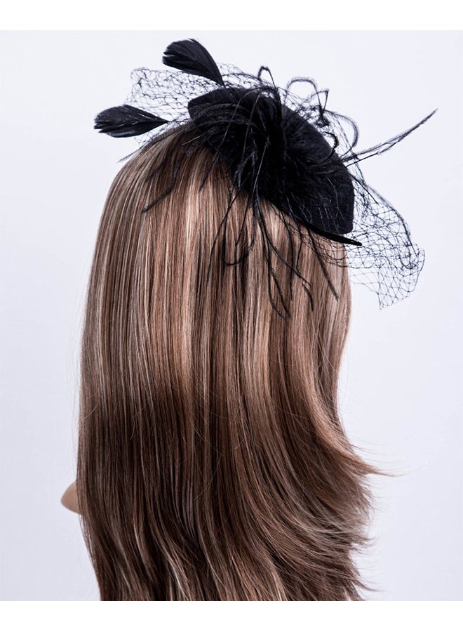 20s 50s Hat, Mesh Ribbons Feathers On A Headband And A Clip Tea Party Headwear, Tea Party Headwear With Veil For Girls And Women (Black) - Image 4