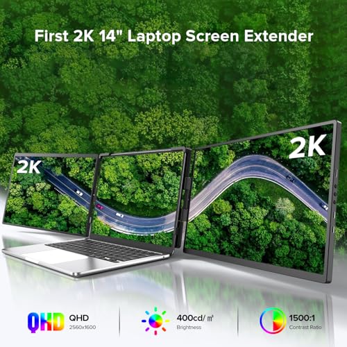 UPERFECT Laptop Screen Extender, 2K 14" 360° Patented Unique Swivel Hinge Triple Monitor, 2240x1400 QHD IPS Portable Dual Monitor for 13.3"-17.3'' Laptops, Plug & Play with Mac, Wins, Android - Image 2