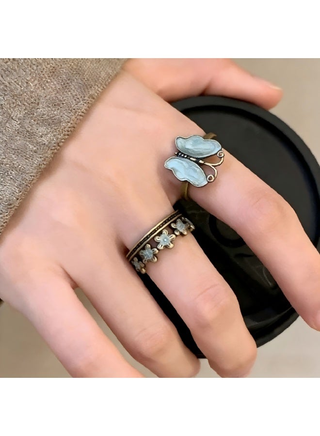 2Pcs Vintage Flower Butterfly Rings for Women Elegant Sweet Trendy Enamel Flower Rings Dainty Retro Adjustable Open Statement Rings Daisy Stackable Rings Fashion Christmas Birthday Jewelry Gift - Image 1