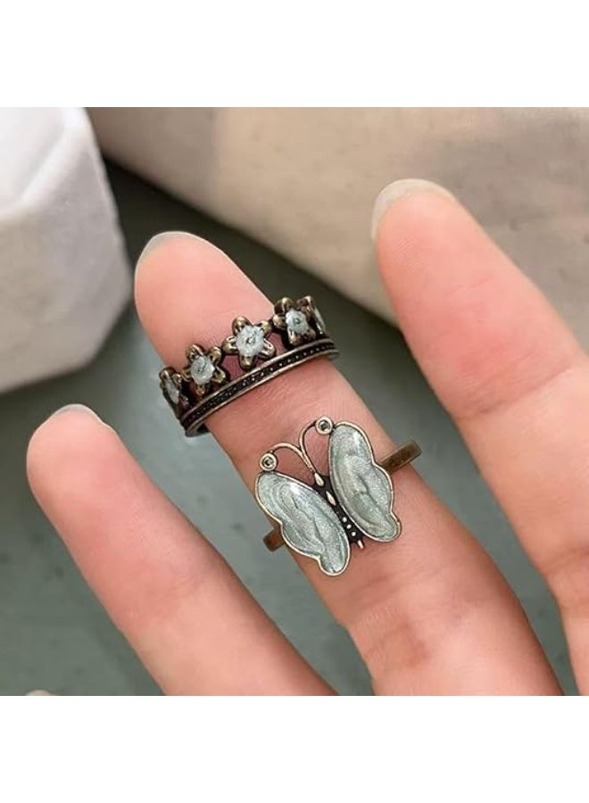 2Pcs Vintage Flower Butterfly Rings for Women Elegant Sweet Trendy Enamel Flower Rings Dainty Retro Adjustable Open Statement Rings Daisy Stackable Rings Fashion Christmas Birthday Jewelry Gift - Image 4
