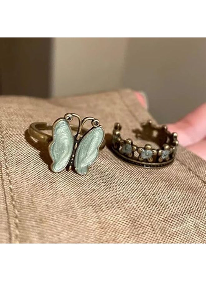 2Pcs Vintage Flower Butterfly Rings for Women Elegant Sweet Trendy Enamel Flower Rings Dainty Retro Adjustable Open Statement Rings Daisy Stackable Rings Fashion Christmas Birthday Jewelry Gift - Image 3